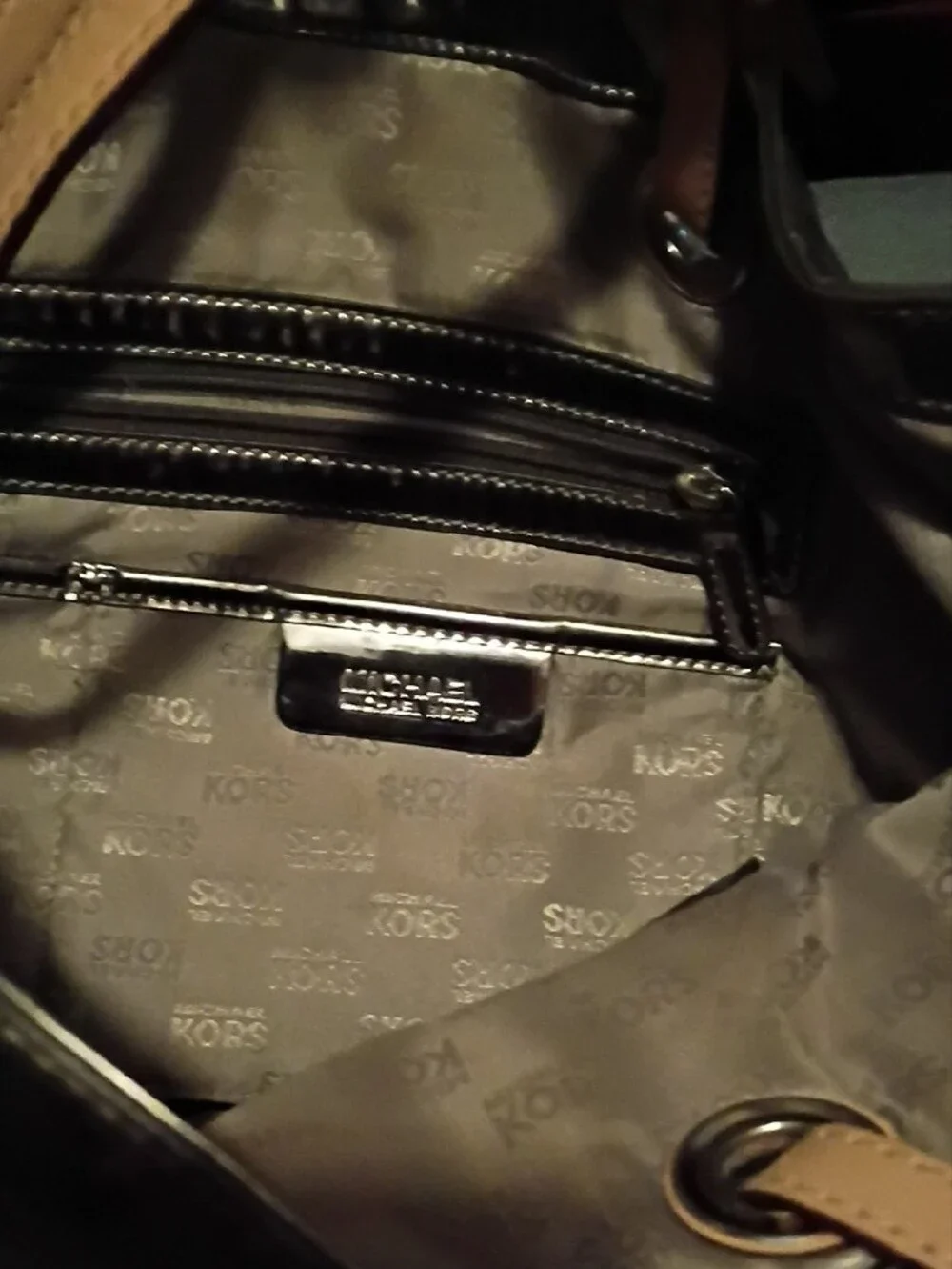 Michael Kors Metallic Silver MK Tote with Tan Straps